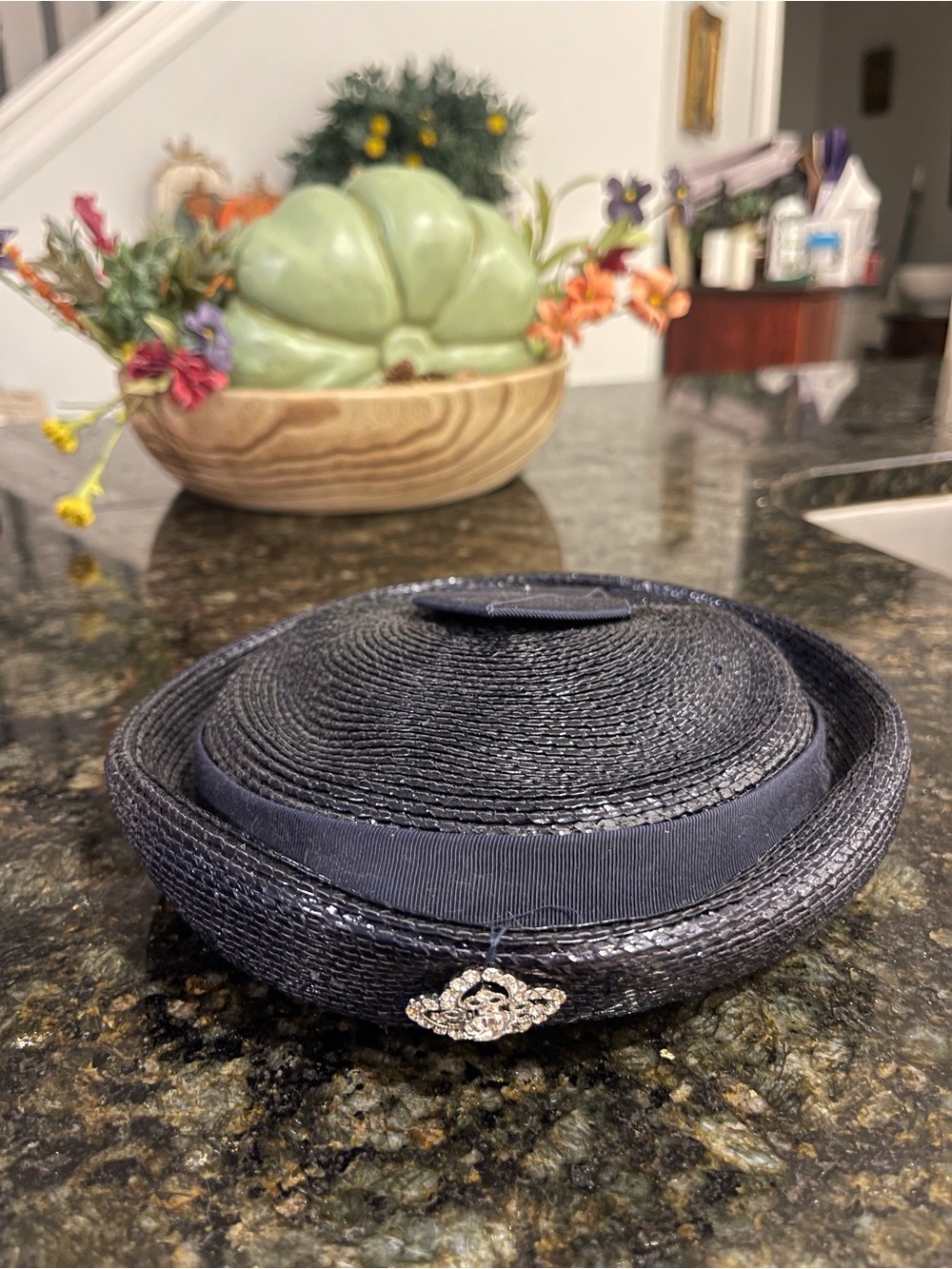 Vintage 1960Kaufmann’s Pittsburgh Navy Straw Cocktail Hat with Rhinestone Brooch